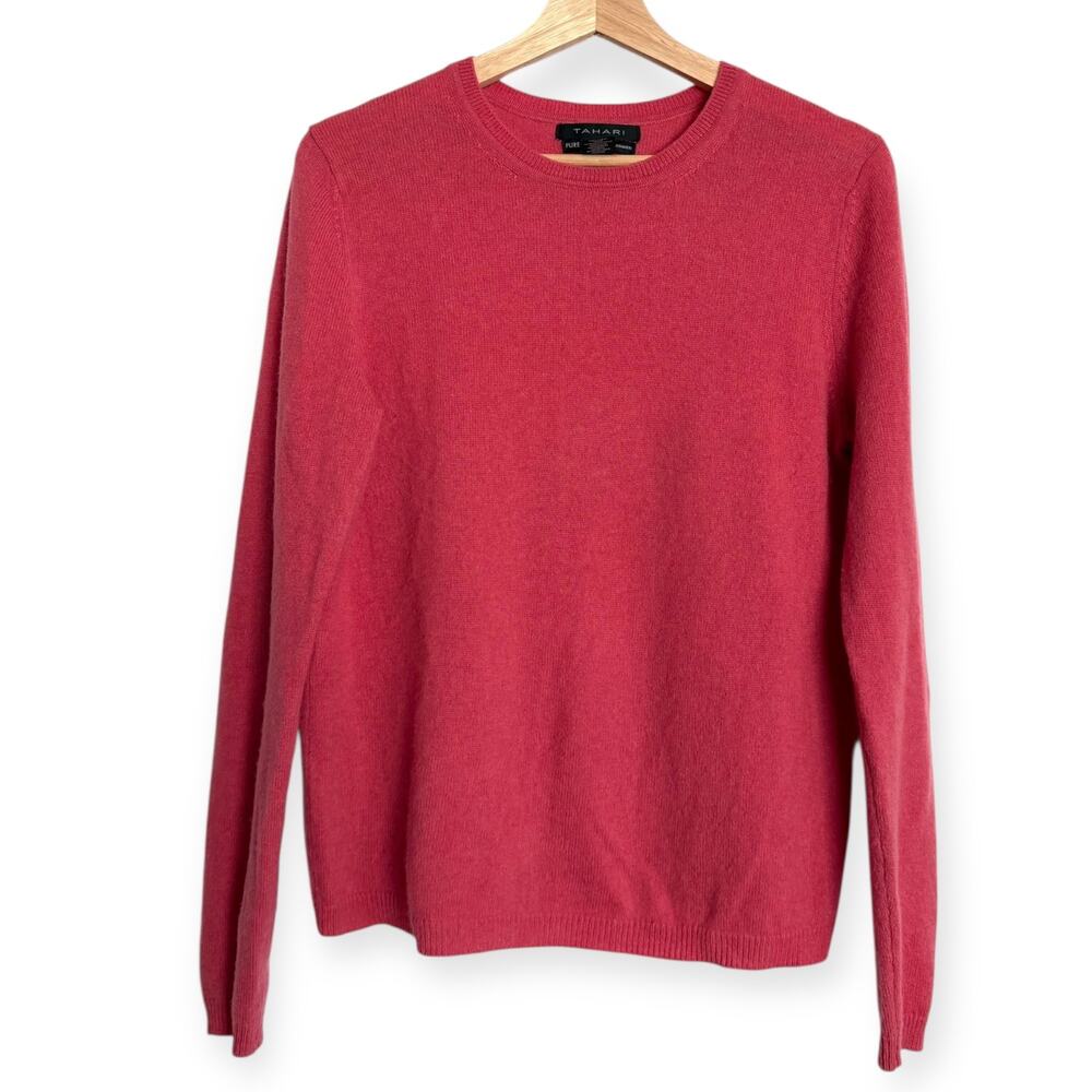 Tahari Pure Luxe 100% Cashmere Coral Pink Crew Neck Sweater Women's Size L
